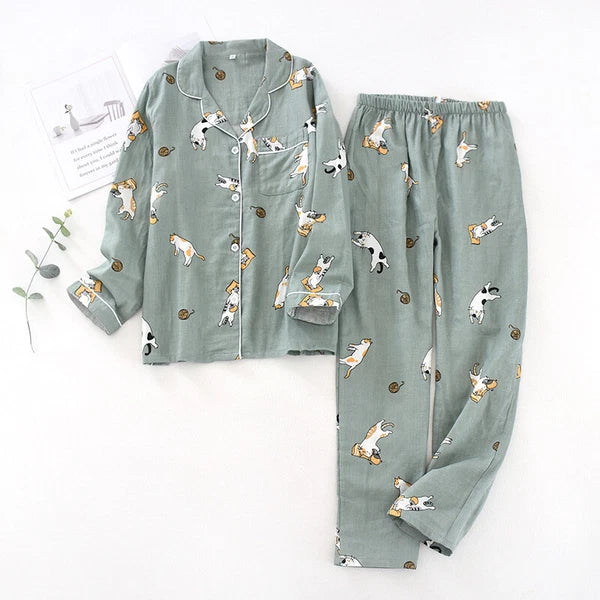 Women Pajamas Set 100% Cotton Printed Sleepwear Casual Nightwear Gauze Home Wear