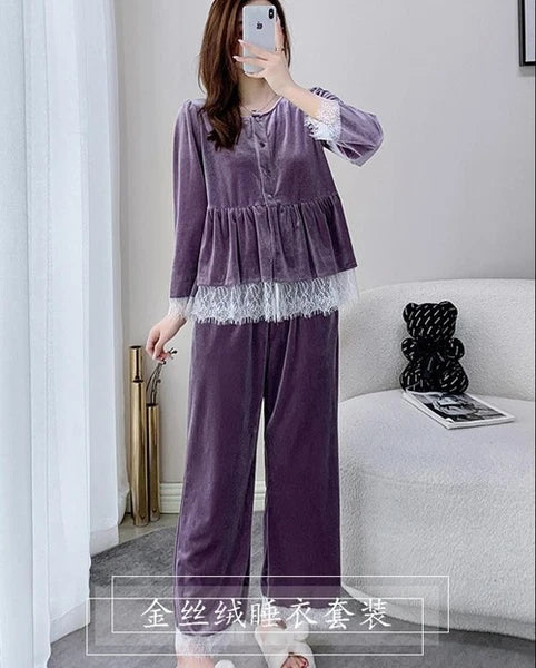 Velvet Pajamas Suit V-Neck 2PCS Set Women Lace Sleepwear Button-down Nightwear