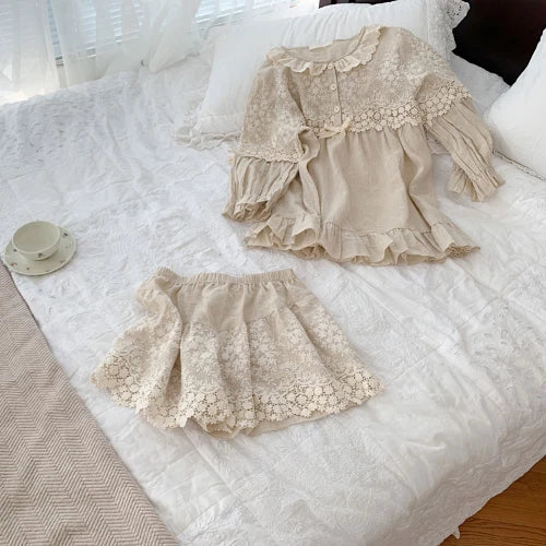 Women's Flower Embroidery Linen Pajama Summer Sets Tops+Shorts.Vintage Ladies