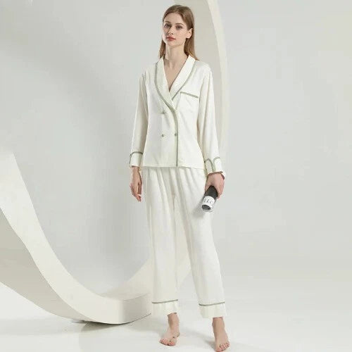 Female 2PCS Pajamas Set Spring Autumn Sleepwear Trouser Suits V-Neck White