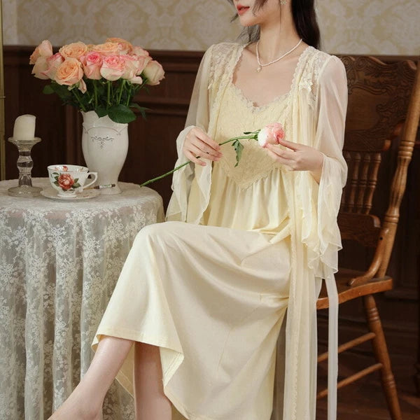 Women Lounge Suit Sling Padded Dress Cotton Robes Mesh Nightwear 2pcs 161201