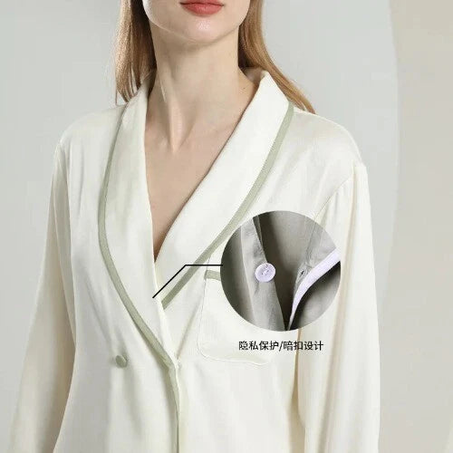 Female 2PCS Pajamas Set Spring Autumn Sleepwear Trouser Suits V-Neck White