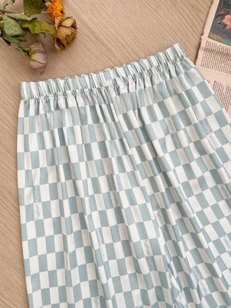 Sleepwear Two-Piece Set Elegant Print Plaid LongSleeve PijamasSuit Spring Summer