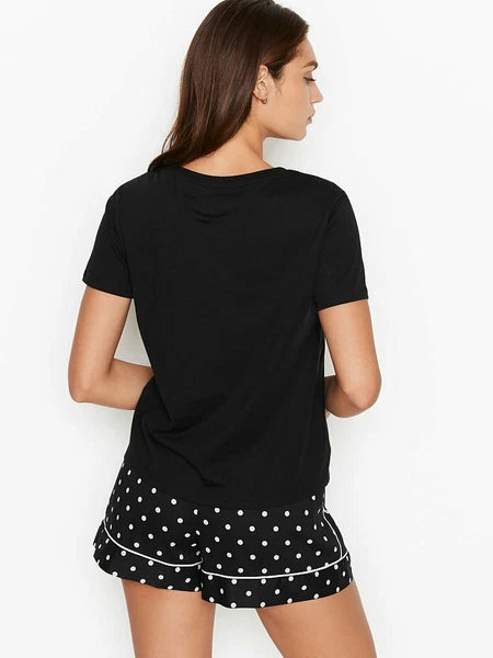 VICTORIA'S SECRET S,M, 2XLCotton Short Logo Tee-Pajama Black Dots or Leopard NWT