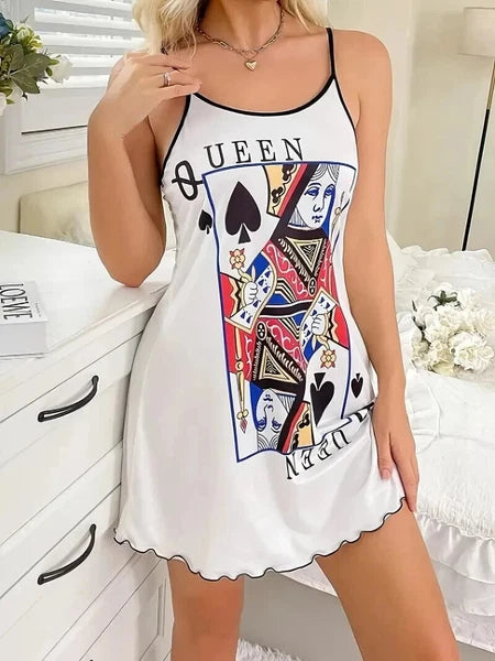 Fashionable Comfortable PJ, Playing Card Q Queen Pajama, Poker Slip Nightdress