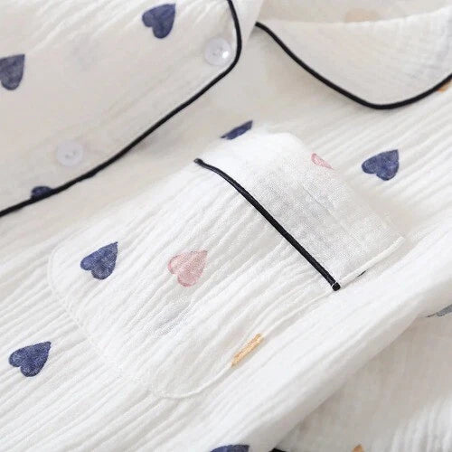 Summer Ladies Cotton Gauze Short Sleeve Shorts Pajamas Suit Cute Heart-shaped