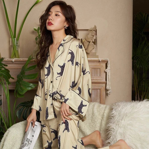 Cardigan Women's Pajamas Set Luxury Leopard Print SleepwearSilk Like Nightwear
