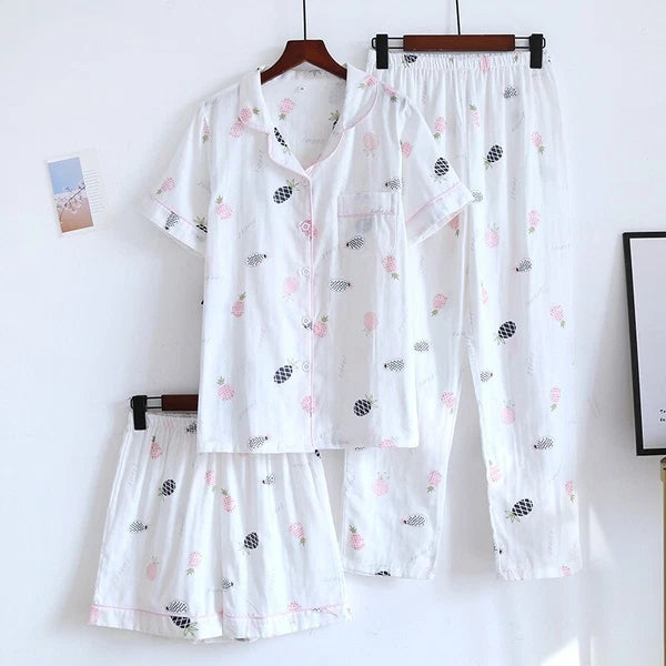 3PCS Women Pajamas Set 100% Gauze Cotton Printed Pyjamas Short Sleeve Sleepwear