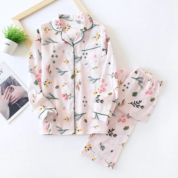 Women Pajamas Set 100% Cotton Printed Sleepwear Casual Nightwear Gauze Home Wear