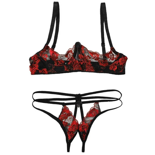 Women's Floral Lace Lingerie Bra Set Crotchless Thong G-string Cupless Bralette