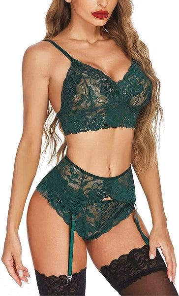 Women Sexy Lingerie Set with Garter Belt Floral Lace Bra and Panty Set Nightwear