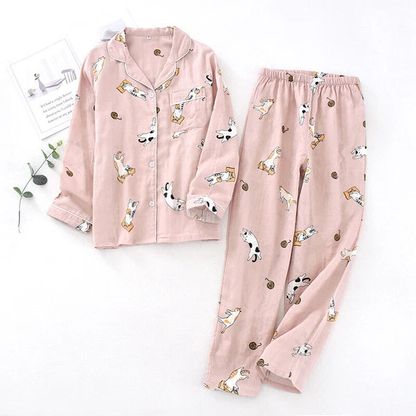 Women Pajamas Set 100% Cotton Printed Sleepwear Casual Nightwear Gauze Home Wear