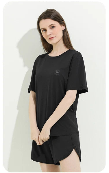 Summer Women's Cotton Short Sleeve Lounge Loose Seat Antibacterial Pajamas Set-