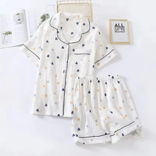 Summer Ladies Cotton Gauze Short Sleeve Shorts Pajamas Suit Cute Heart-shaped