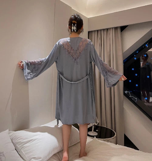 Sexy Robe Set Lace 2PCS Bathrobe Nightdress V-Neck Kimono Gown Sleepwear Suit