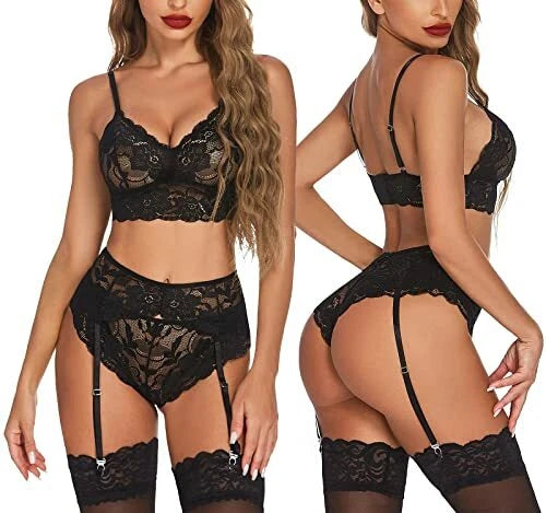 Women Sexy Lingerie Set with Garter Belt Floral Lace Bra and Panty Set Nightwear