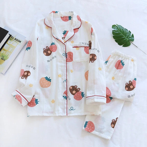 Women Pajamas Set 100% Cotton Printed Sleepwear Casual Nightwear Gauze Home Wear