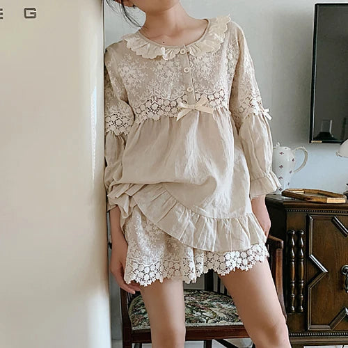 Women's Flower Embroidery Linen Pajama Summer Sets Tops+Shorts.Vintage Ladies