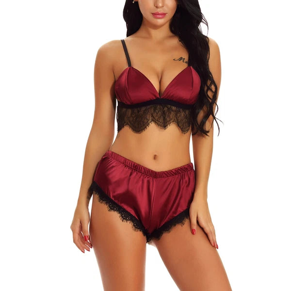 US Women Sexy Lingerie Sleepwear Satin Silk Babydoll Lace Nightwear Pajamas Set