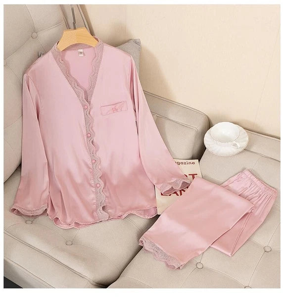 Pajamas Set Satin Women 2 Piece Sleepwear Silky Pyjamas Nightwear Shirt&Pants