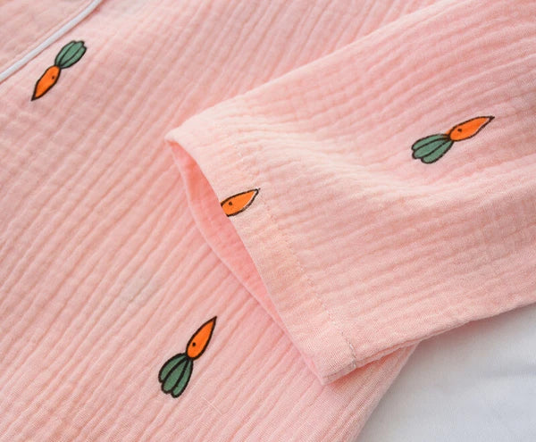 Chinese Japanese Autumn Women 100% Gauze Cotton Pajamas Set Sleepwear Nightwear