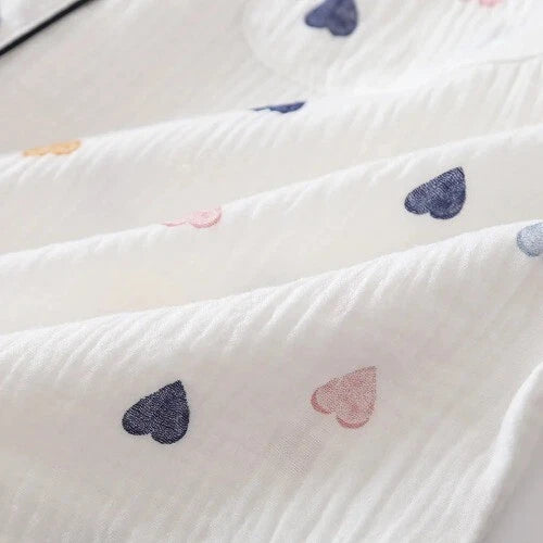 Summer Ladies Cotton Gauze Short Sleeve Shorts Pajamas Suit Cute Heart-shaped