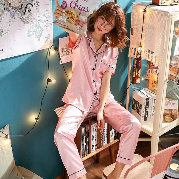 Women Lady Silk Satin Pajamas Set Pyjama Sleepwear Nightwear Summer Homewear Pj