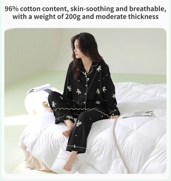 Women's Pajamas Set Long Sleeve Cardigan Bow Print Comfortable Antibacterial Homewear-