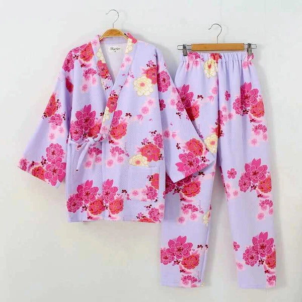 Women Thick Floral JINBEI Kimono Sleepwear Pajama Sets Long Sleeve Top Pants