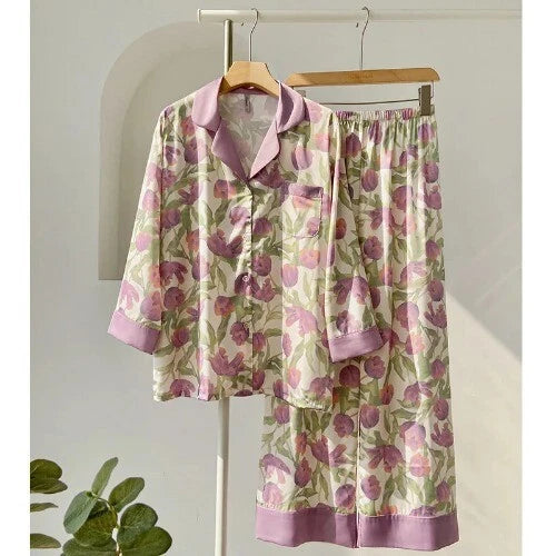 Sleepwear Two-Piece Set Elegant Print Plaid LongSleeve PijamasSuit Spring Summer