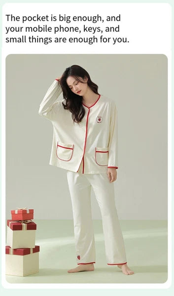 Fashion Women's Pajamas Autumn Embroidered Comfortable Casual Antibacterial Pajamas Set-