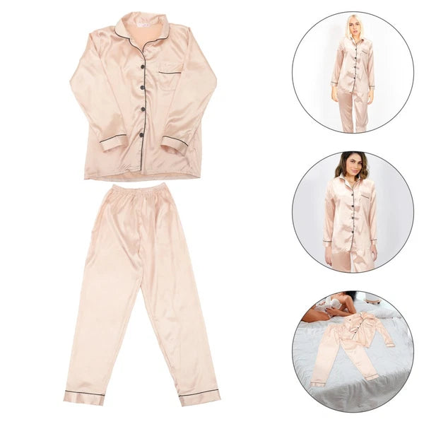 1 Set Female Nightclothes Trousers Simulated Silk Pajamas Set Fresh Long Sleeve
