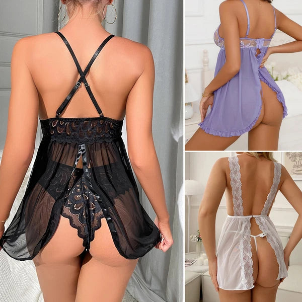 Women Sexy Lingerie Lace Babydoll V Neck Chemise Teddy Strap Sleepwear Panty Set