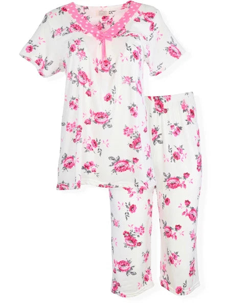 JEFFRICO Womens Capri Pajama Set 2 Piece Short Sleeve Top & Capri Pants  801C