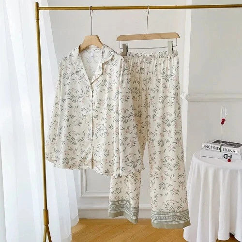 Sleepwear Two-Piece Set Elegant Print Plaid LongSleeve PijamasSuit Spring Summer