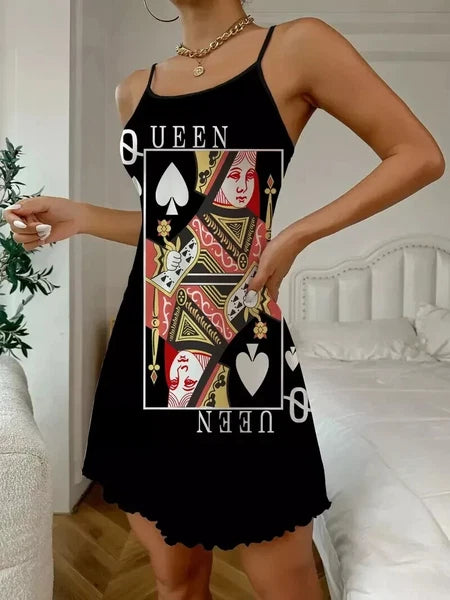 Fashionable Comfortable PJ, Playing Card Q Queen Pajama, Poker Slip Nightdress