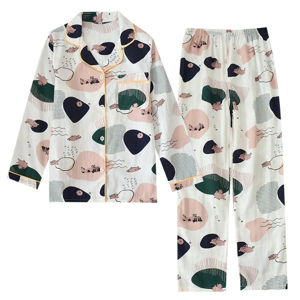 Women Pajamas Set 100% Cotton Printed Sleepwear Casual Nightwear Gauze Home Wear