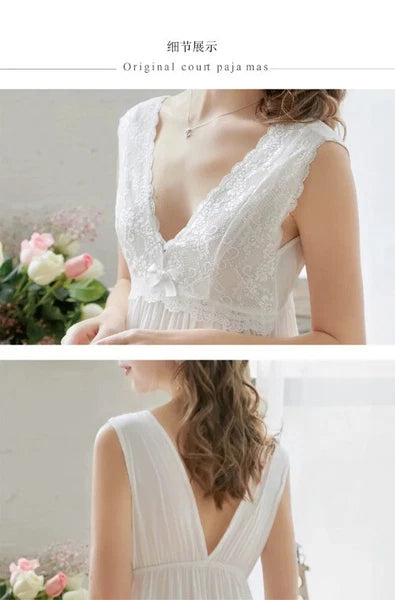 Cotton Summer Sleeveless V-Neck Backless Lace Fairy Princess Nightdress Fairy