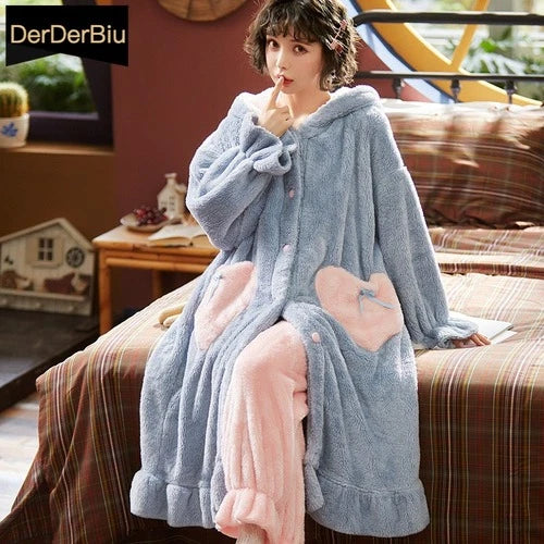 Winter Women Hooded Pajama Sets Ruffled Coral Flannel Sleepwear Cute Nightwear