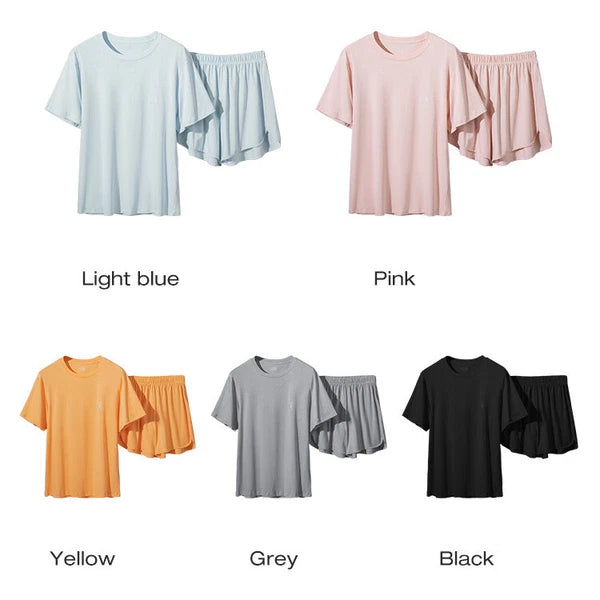 Summer Women's Cotton Short Sleeve Lounge Loose Seat Antibacterial Pajamas Set-