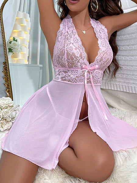 Sexy Women Lingerie Pink Lace Dress G-string Underwear Babydoll Sleepwear Gift