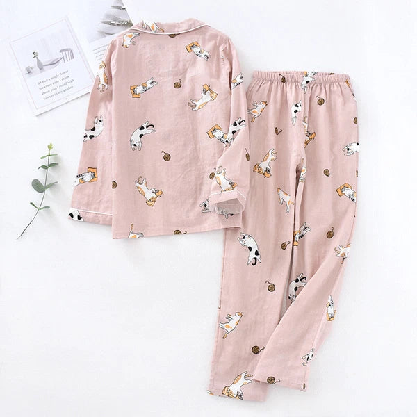 Women Pajamas Set 100% Cotton Printed Sleepwear Casual Nightwear Gauze Home Wear