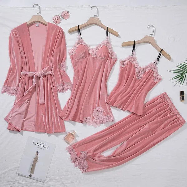 Velour Home Clothing 4pcs Sleep Set Intimate Lingerie Women Pajamas Long Sleeve
