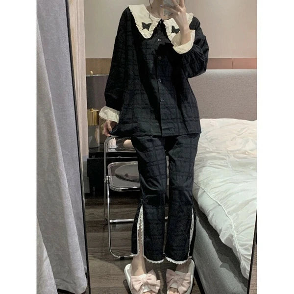 Korean women sweet pajamas long-sleeved trousers home service two-piece suit