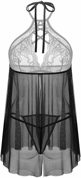 Women Sexy Lingerie Lace Babydoll V Neck Chemise Teddy Strap Sleepwear Panty Set