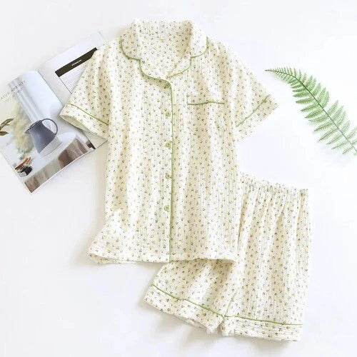 Summer Ladies Cotton Gauze Short Sleeve Shorts Pajamas Suit Cute Heart-shaped
