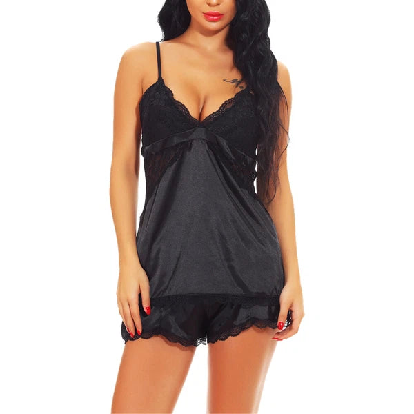 US Women Sexy Lingerie Sleepwear Satin Silk Babydoll Lace Nightwear Pajamas Set