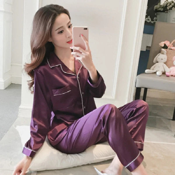 Women's Silk Satin Pajamas Set Long Sleeve Button-Down Sleepwear Loungewear