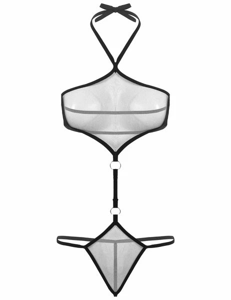 Sexy Women Mesh Lingerie Set Open Cups Bra Top Low Rise Mini Briefs Sleepwear