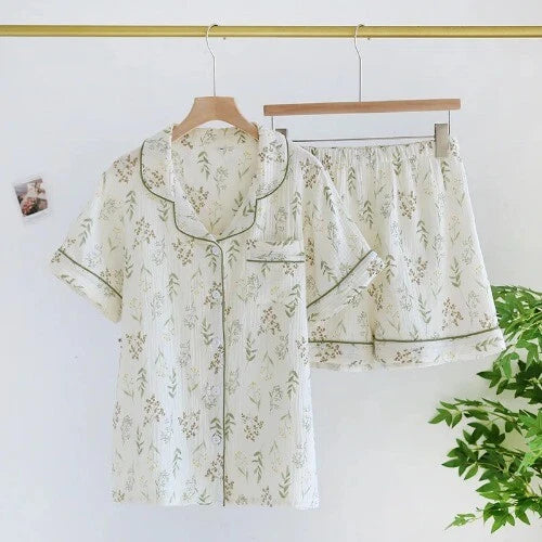 Summer Ladies Cotton Gauze Short Sleeve Shorts Pajamas Suit Cute Heart-shaped